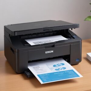 Printer Epson L3210 yang sedang mencetak dokumen dengan lancar, dengan senyum di wajah pengguna yang lega.