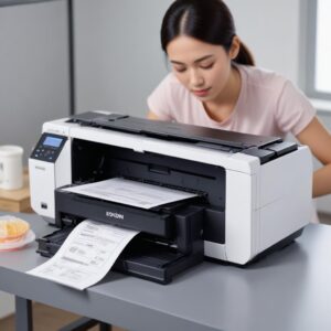 Printer Epson mencetak selembar kertas dengan pola nozzle check yang sempurna, menunjukkan tidak ada garis atau bagian yang terputus, di samping tumpukan kertas bersih.