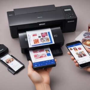 Screenshot aplikasi Epson iPrint di smartphone yang menunjukkan pilihan untuk mencetak dokumen atau foto, dengan ikon printer Epson di latar belakang.