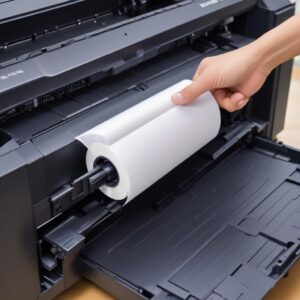 Sebuah close-up tangan yang sedang membersihkan roller penarik kertas pada printer Epson L3210 menggunakan kain mikrofiber yang sedikit lembab. Roller karet terlihat jelas, dan ada sedikit kotoran yang menempel. Pencahayaan terang menyoroti detail bagian dalam printer.