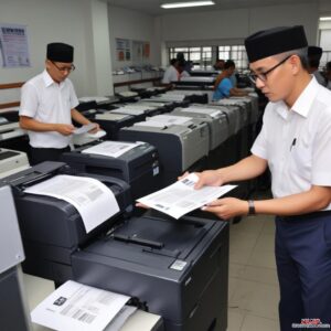 Sebuah printer yang terlihat bersih dan berfungsi sempurna sedang mencetak dokumen dengan hasil yang tajam, di samping tangan yang memberikan tanda