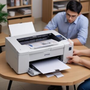 Sebuah tangan sedang menarik kertas yang tersangkut dengan hati-hati dari dalam printer Epson L3210 yang terbuka penutupnya, menunjukkan bagian dalam printer.