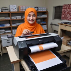 Sekelompok orang dari berbagai usia (pelajar, pekerja kantoran, ibu rumah tangga) sedang menggunakan printer Epson dengan senyum puas, menunjukkan berbagai skenario penggunaan, dari mencetak tugas hingga foto keluarga.