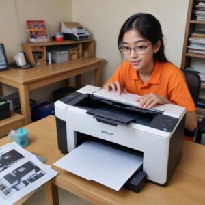 Sekelompok orang (mahasiswa atau pekerja kantoran kecil) tersenyum bahagia sambil menggunakan printer Epson L3210 dalam lingkungan kantor atau rumah yang bersih.