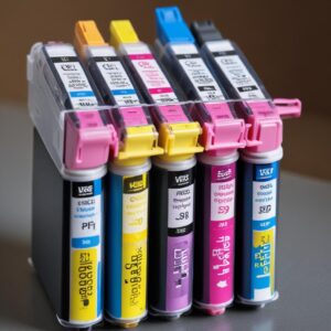 Sekelompok tabung tinta printer Epson berwarna-warni (Cyan, Magenta, Yellow, Black) yang terisi penuh, di sampingnya ada printer Epson seri L yang siap mencetak.