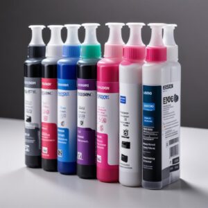 Sekumpulan botol tinta Epson EcoTank original dengan warna-warna cerah, di samping printer L3210 yang sedang mencetak dokumen berkualitas tinggi, menekankan pentingnya tinta original.