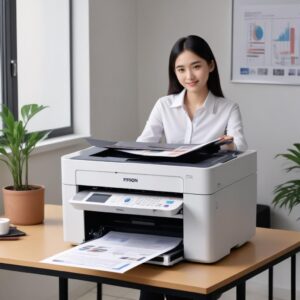 Seorang pelajar atau pekerja rumahan sedang menggunakan printer Epson multifungsi untuk mencetak, scan, dan copy dokumen di meja belajar atau kantor kecil, dengan hasil cetakan berkualitas di sebelahnya.