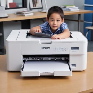 Seorang pelajar, mahasiswa, dan pemilik UMKM tersenyum lega sambil memegang kertas hasil cetakan, di latar belakang ada printer Epson EcoTank L3210 yang menunjukkan tangki tinta penuh, menggambarkan penghematan biaya.