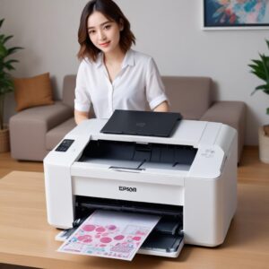 Seorang pria atau wanita muda dengan senyum optimis sedang membersihkan printer Epson L3210 dengan kain microfiber, di meja kerja yang rapi. Tangan lain memegang botol tinta asli Epson.