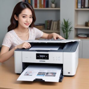 Seorang pria atau wanita tersenyum lega di depan printer Epson L3210 yang sedang mencetak dokumen dengan lancar, menunjukkan hasil cetak yang bersih.