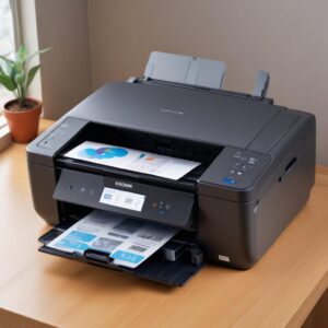 Seorang pria frustrasi melihat lampu indikator kertas dan tinta berkedip bersamaan pada printer Epson L3210 di meja kerjanya yang berantakan, mencerminkan ekspresi kekesalan umum saat printer error.