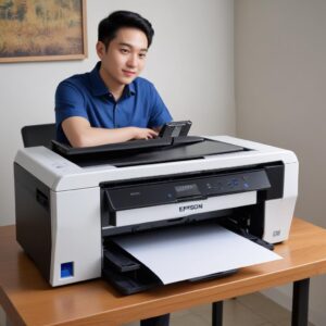 Seorang pria muda dengan ekspresi lega sedang memeriksa printer Epson L3210 yang baru saja berhasil ia perbaiki, lampu indikator merahnya sudah padam. Di meja ada beberapa peralatan sederhana seperti kapas dan botol tinta.