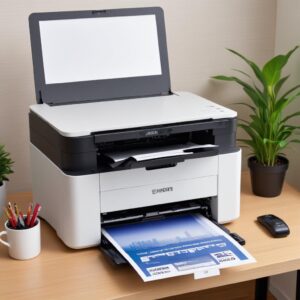 Seorang pria muda dengan ekspresi lega sedang melihat monitor Mac-nya yang menampilkan jendela instalasi driver printer Epson L3210. Di sampingnya, printer Epson L3210 terhubung ke Mac dengan kabel USB.
