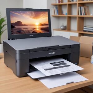 Seorang pria muda dengan ekspresi lega sedang melihat monitor laptopnya yang menampilkan halaman download driver Epson L3210. Di sampingnya ada printer Epson L3210 yang sudah terhubung, dengan tumpukan kertas di baki masuk. Suasana ruangan kerja yang modern dan rapi.