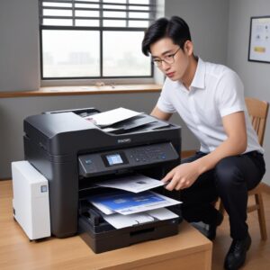 Seorang pria muda dengan ekspresi lega sedang melihat printer Epson L3210 yang baru saja selesai mencetak dokumen, dengan layar komputer di latar belakang menunjukkan jendela instalasi driver yang sukses.