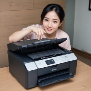 Seorang pria muda dengan ekspresi lega sedang melihat printer Epson L3210 yang baru saja berfungsi kembali setelah proses instalasi utility. Komputer di sebelahnya menampilkan layar notifikasi instalasi berhasil. Suasana cerah dan modern.