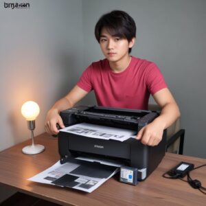Seorang pria muda dengan ekspresi sedikit bingung melihat lampu indikator printer Epson L3210 yang berkedip-kedip, tangannya memegang kabel power, mencoba mengikuti langkah-langkah perbaikan.