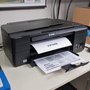 Seorang pria muda sedang memegang kabel USB dan menyambungkannya ke printer Epson L3210 yang menyala, dengan tampilan layar komputer di latar belakang menunjukkan pesan error