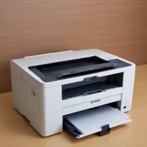 Seorang pria muda sedang menelepon dengan ekspresi lega sambil memegang printer Epson L3210 di meja kerja yang rapi. Terdapat logo Epson di printer tersebut dan background kantor modern.