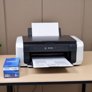 Seorang pria muda yang tersenyum sedang membandingkan dua kotak printer Epson L3210 dan L3110 di atas meja, dengan ekspresi berpikir namun ceria. Latar belakangnya adalah ruangan kantor minimalis modern.