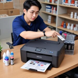 Seorang pria sedang mengisi ulang tangki tinta printer Epson L3210 dengan botol tinta original, menunjukkan langkah perawatan rutin.