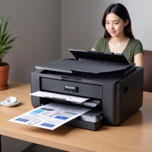Seorang pria sedang mengunduh driver printer Epson L3210 EcoTank dari situs web resmi Epson di laptopnya yang terhubung internet, dengan logo Epson terlihat jelas.