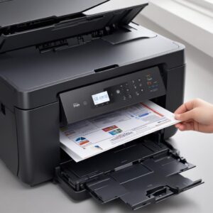 Seorang pria sedang tersenyum lega di depan printer Epson L3210 yang sedang mencetak dokumen dengan lancar, menunjukkan bahwa masalah driver error telah teratasi.