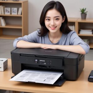 Seorang pria tersenyum puas di depan printer Epson L3210 yang sedang mencetak, dengan laptop di sebelahnya menampilkan situs download driver resmi. Suasana cerah dan modern.