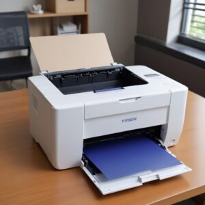 Seorang pria tersenyum puas sedang menekan tombol'Instal' pada layar laptopnya, dengan printer Epson L3210 modern yang terhubung dan siap digunakan di sampingnya, menunjukkan proses instalasi driver yang sukses dan mudah.