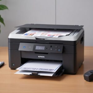 Seorang pria tersenyum sambil memegang botol tinta Epson di samping printer Epson L3210 yang ringkas, menunjukkan kemudahan pengisian ulang dan penghematan biaya. Latar belakang adalah toko elektronik modern di Pakistan.