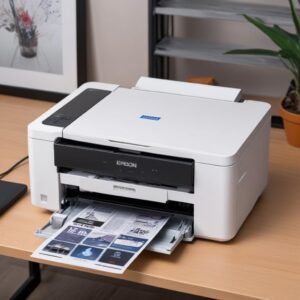 Seorang pria tersenyum sambil memegang kabel USB yang terhubung ke printer Epson L3210 yang menyala, di latar belakang terlihat layar komputer menampilkan software adjustment program.
