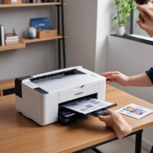 Seorang pria tersenyum sambil memegang smartphone di satu tangan dan menunjukkan Printer Epson L3210 di meja dengan tangan lainnya, menyiratkan kemudahan pencetakan.