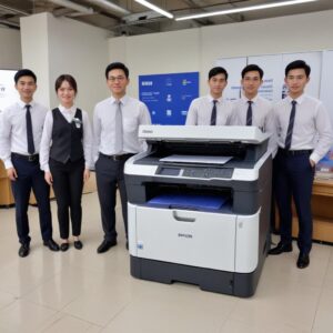 Seorang profesional muda tersenyum puas sambil memegang dokumen yang baru selesai dicetak dari printer Epson L3210, di latar belakang kantor rumahan yang rapi.