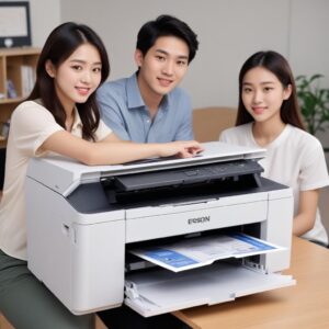 Seorang remaja yang sedang tersenyum puas di depan printer Epson L3210 yang baru saja selesai mencetak dokumen, menunjukkan ekspresi keberhasilan.