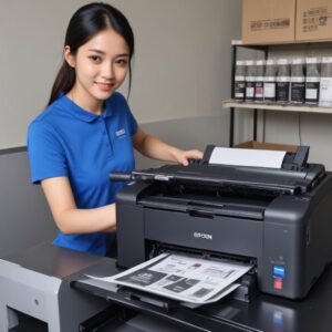 Seorang teknisi printer sedang membersihkan print head printer Epson secara manual dengan cairan pembersih khusus dan tisu. Ada botol tinta original Epson di sampingnya.</p>
<p>“><br /> Kalau kamu sudah mencoba semua cara yang kita bahas di atas tapi tetap buntu, jangan ragu untuk mencari bantuan profesional ya. Ingat, lebih baik bertanya daripada merusak printer kesayanganmu karena coba-coba yang salah. Semoga artikel ini bermanfaat dan printer Epson-mu bisa cetak warna kuning lagi dengan sempurna!</p>
<p>
<div class=