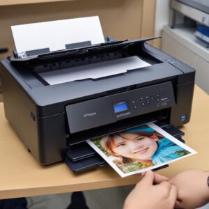 Seorang teknisi printer sedang memeriksa bagian dalam printer Epson L3210 dengan alat khusus, menyoroti print head atau selang tinta.