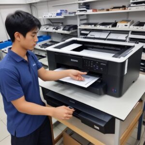 Seorang teknisi printer sedang memeriksa bagian dalam printer Epson L3210 di service center dengan peralatan khusus, menunjukkan profesionalisme.