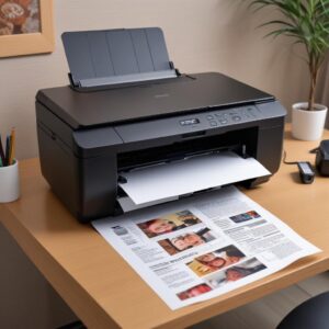 Seorang teknisi printer sedang memeriksa bagian internal printer Epson L3210 yang terbuka, dengan alat-alat perbaikan di sekitarnya.