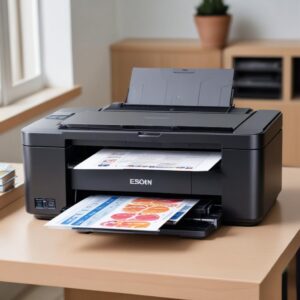 Seorang teknisi printer sedang memeriksa head printer Epson L3210 dengan alat khusus, menunjukkan proses perbaikan yang lebih mendalam.