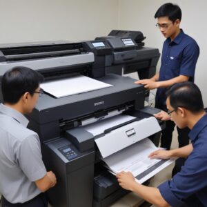 Seorang teknisi profesional sedang membersihkan bagian dalam printer yang terbuka, fokus pada komponen vital, dengan latar belakang peralatan servis yang rapi.