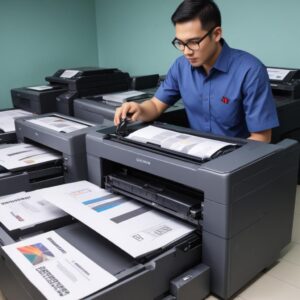 Seorang teknisi profesional sedang tersenyum sambil memperbaiki printer di sebuah kantor, menunjukkan dukungan teknis yang responsif dan dapat diandalkan dari layanan sewa printer.