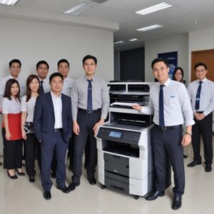 Seorang teknisi sedang menginstal printer Epson di kantor yang sibuk, menunjukkan layanan cepat dan profesional dari Multi Print.
