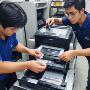 Seseorang sedang melakukan head cleaning pada printer inkjet, menunjukkan proses perawatan.