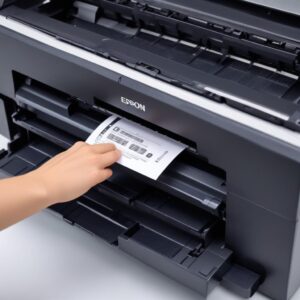 Seseorang sedang melakukan tes nozzle check pada printer Epson L3210, dengan hasil cetak yang menunjukkan pola garis lengkap tanpa putus.