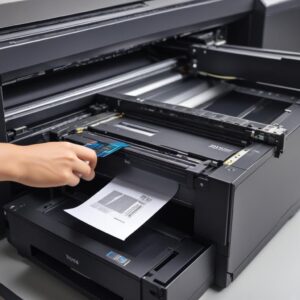 Seseorang sedang membersihkan bagian dalam printer dengan kuas kecil, fokus pada area sensor atau encoder strip, menunjukkan proses perawatan printer.