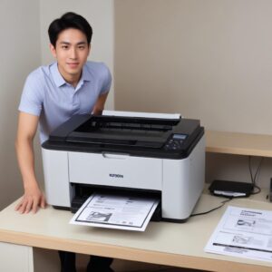 Seseorang sedang membersihkan kaca scanner printer Epson dengan kain mikrofiber, menunjukkan proses perawatan printer.