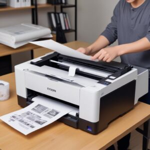Seseorang sedang membersihkan roller kertas di dalam printer Epson L3210 dengan cotton bud atau kain lembut, dengan senter yang menyorot area tersebut.