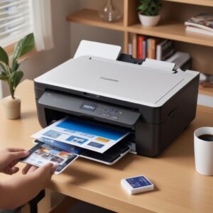 Seseorang sedang mencetak dokumen dari smartphone ke printer Epson L3250 yang terhubung via Wi-Fi, dengan latar belakang ruangan rumah yang nyaman.