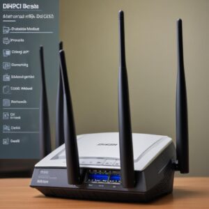Tampilan antarmuka web router yang menunjukkan daftar perangkat terhubung (DHCP Client List) dengan beberapa nama perangkat dan IP Address, salah satunya disorot sebagai