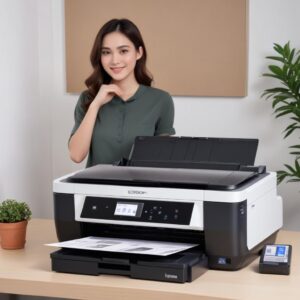 Tampilan antarmuka website dukungan Epson dengan kolom pencarian model printer, menunjukkan seseorang sedang mengetik